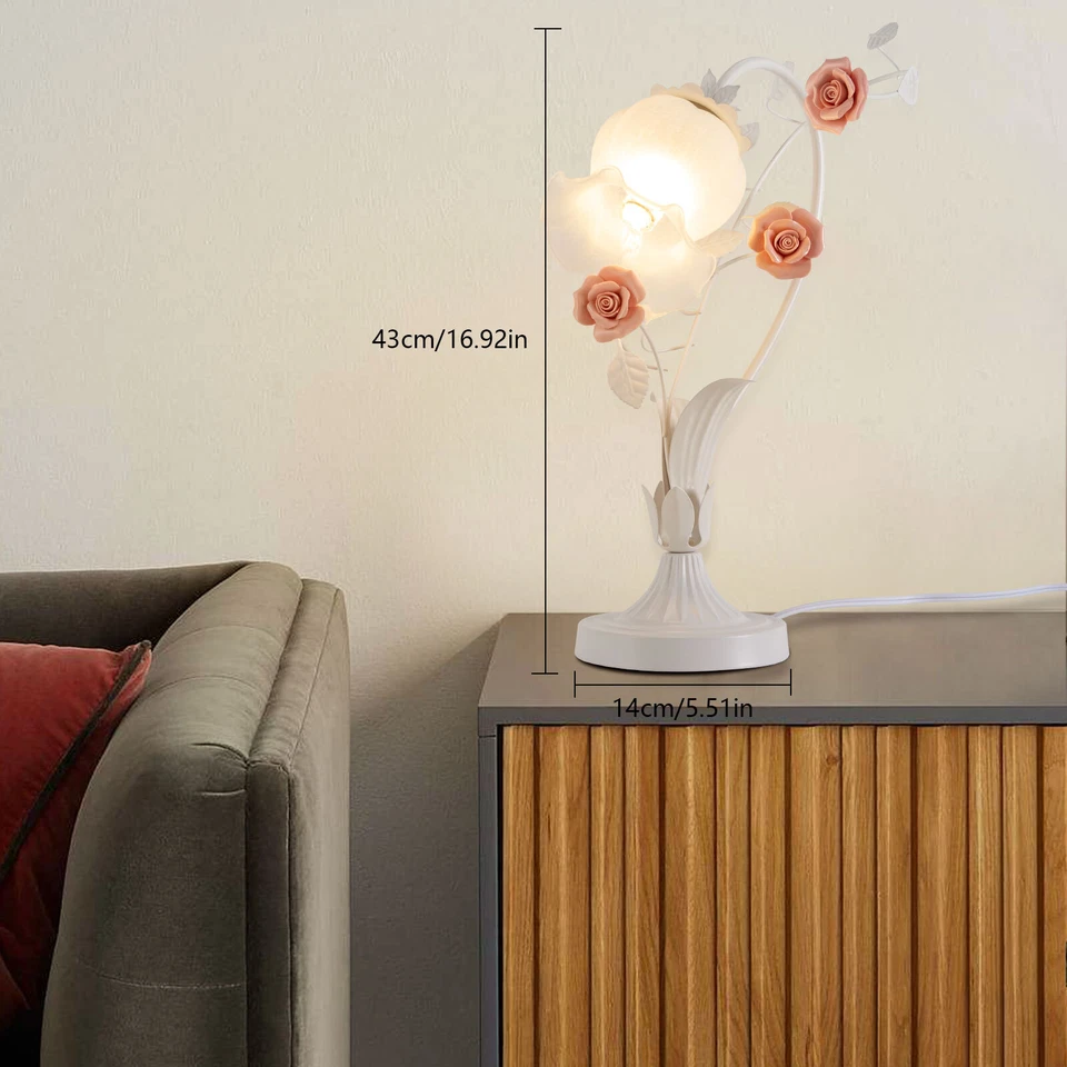 60W Elegant Roses Flower Glass Table Lamp Light Glass Lampshade Pink White US - Image 3 of 4