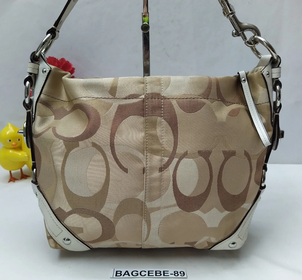 Coach Carly Signature Tan Canvas Leather Trim Turnlock Zipper Hobo Shoulder Bag - Image 2 of 4