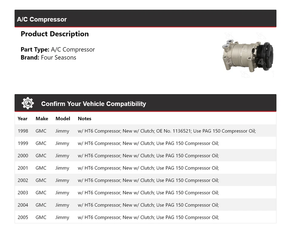 Compresor de aire acondicionado para GMC Jimmy 1998-2005 4 estaciones 1999 2000 2001 2002 2003 2004 Foto 2 de 4