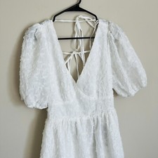 Lulus Mini Dress Women Size XL White V Neck Balloon Sleeve Tie Back Cottage 