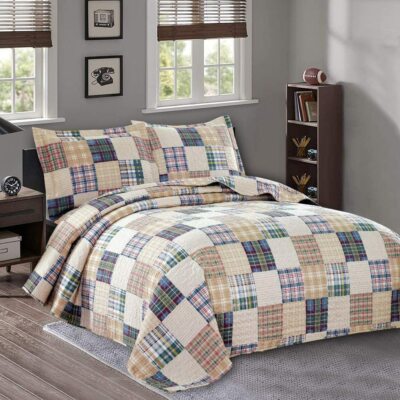 COZY BLUE TAN BROWN GREEN DENIM RED BEDSPREAD SOUTHWEST LODGE CABIN PLAID QUILT