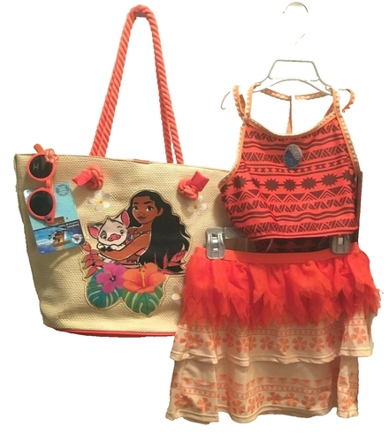 Disney Moana 3 PCS Swim Set Size 9/10 Swim Suit w/ Cover Up-Beach Bag-Sunglasses