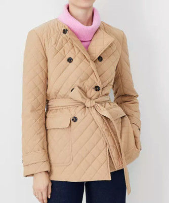 ANN TAYLOR CAFE AU LAIT PETITE QUILTED BELTED DOUBLE BREASTED JACKET COAT SP S