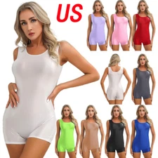 Womens Leotard Sports Jumpsuit Smooth Bodysuits Sleeveless Dancewear Glossy Yoga