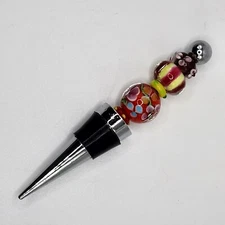 LSArts Art Glass Wine Bottle Stopper Red Floral Whimsical 