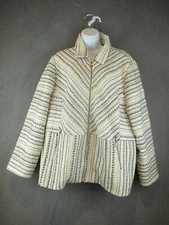 Chicos Blazer Womens Size 4 Cream Striped Tweed Full Zip Career Office Corp Core