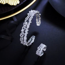 Baguette Silver Plated Cubic Zircon Crystal Cuff Ring Bangle Costume Jewelry Set
