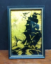 Vintage Sailing Ship Reverse Paint Silhouette Framed Art Wall Decor 6" X 4"