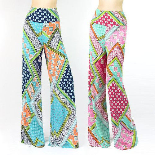 Boho Floral fold-over Cintura Palazzo Pierna Ancha Pantalones Navy Neon  Perfecto Rosa S M L | eBay