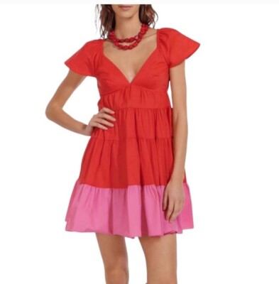 Staud Mini Dress Red Pink Xs Vneck Fot And Flare Womens | eBay