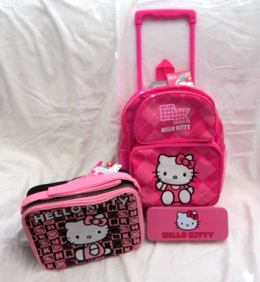 Hello Kitty Pink 12" Rolling Backpack & Matching Lunchbox Lunch Bag+Pencil Case - Picture 1 of 2