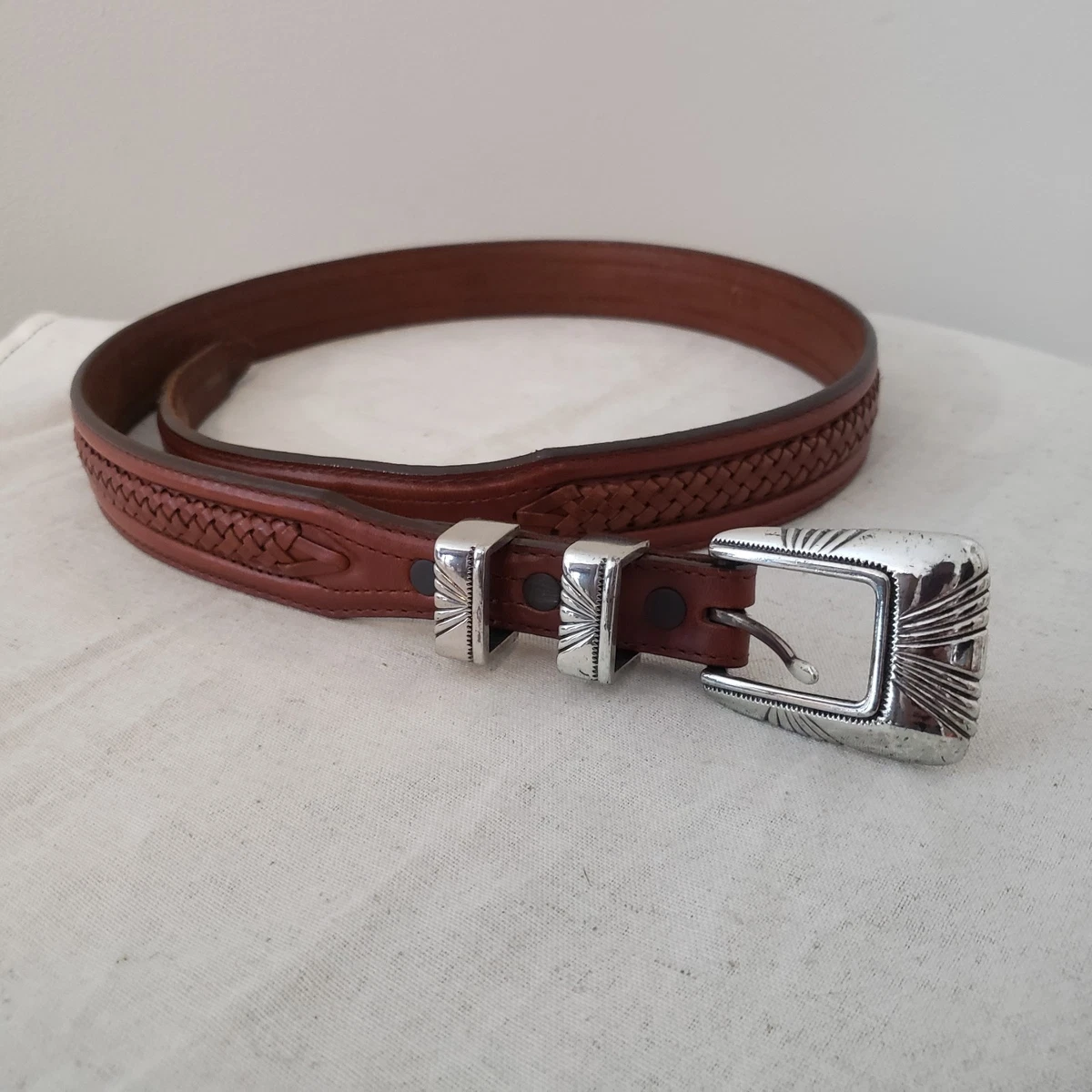 Vintage Tony Lama Made in USA Read Leather Braided Silver Chain Belt Sz 28 ❤️ ✜?ℍ? ?????? ??ℕ???? ??ℕ? ???? ℂ?ℕℂℍ?  main image 2