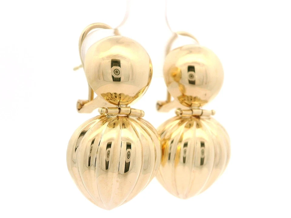 14k Yellow Gold Puffed Scalloped Dangle Drop Earrings w/ Omega Back - Image 4 of 4