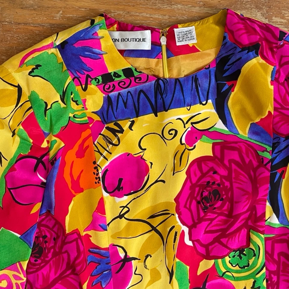 Vestido de seda colorido vintage talla mediana años 90 abstracto estampado mixto vaina vestido Foto 2 de 4