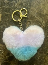 4" Multicolor Pastel Plush Heart Faux Fur Pom Pom Lobster Clasp Keychain