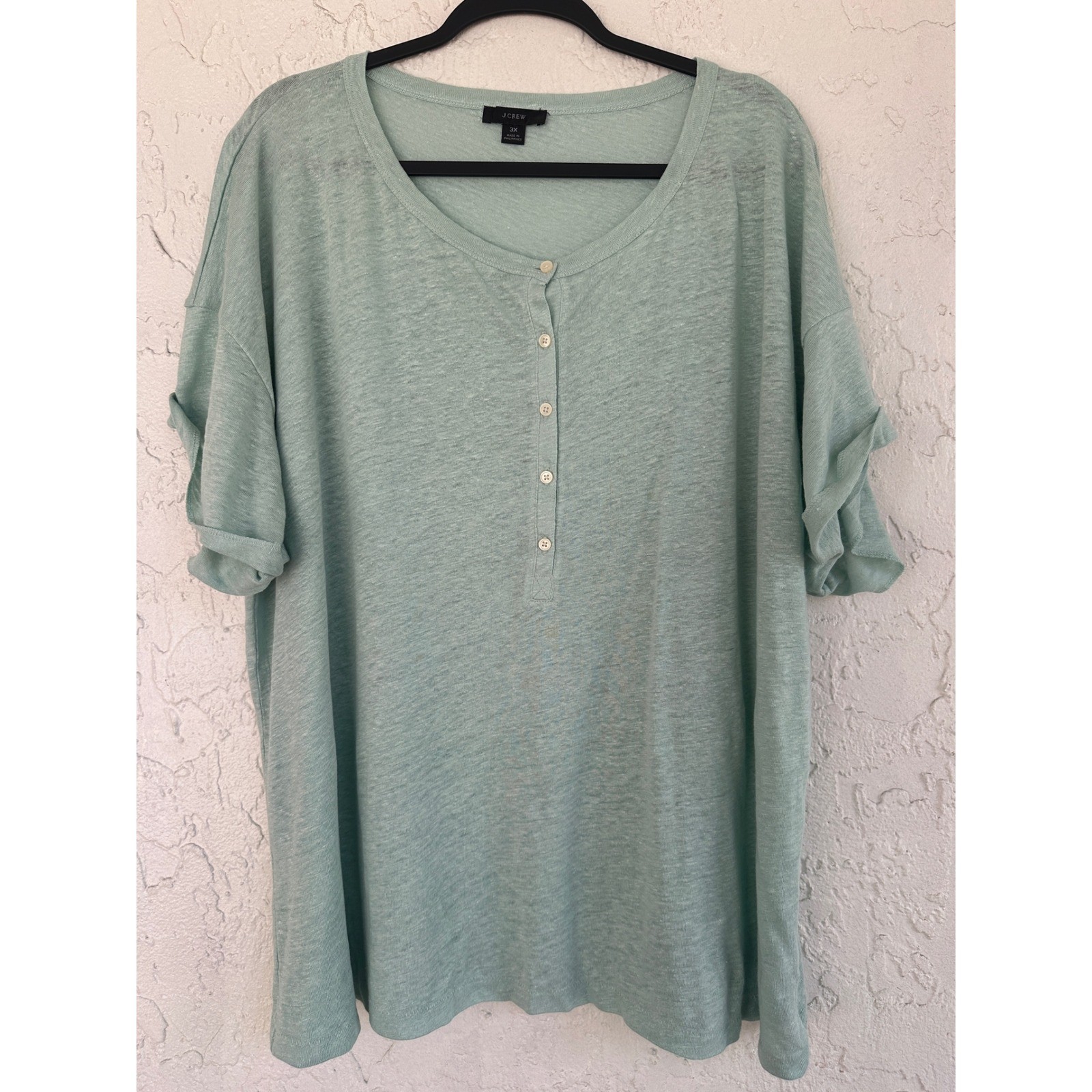 J.Crew Womens 3X Seafoam Green 100% Linen Short Sleeve Henley Knit Top Lagenlook
