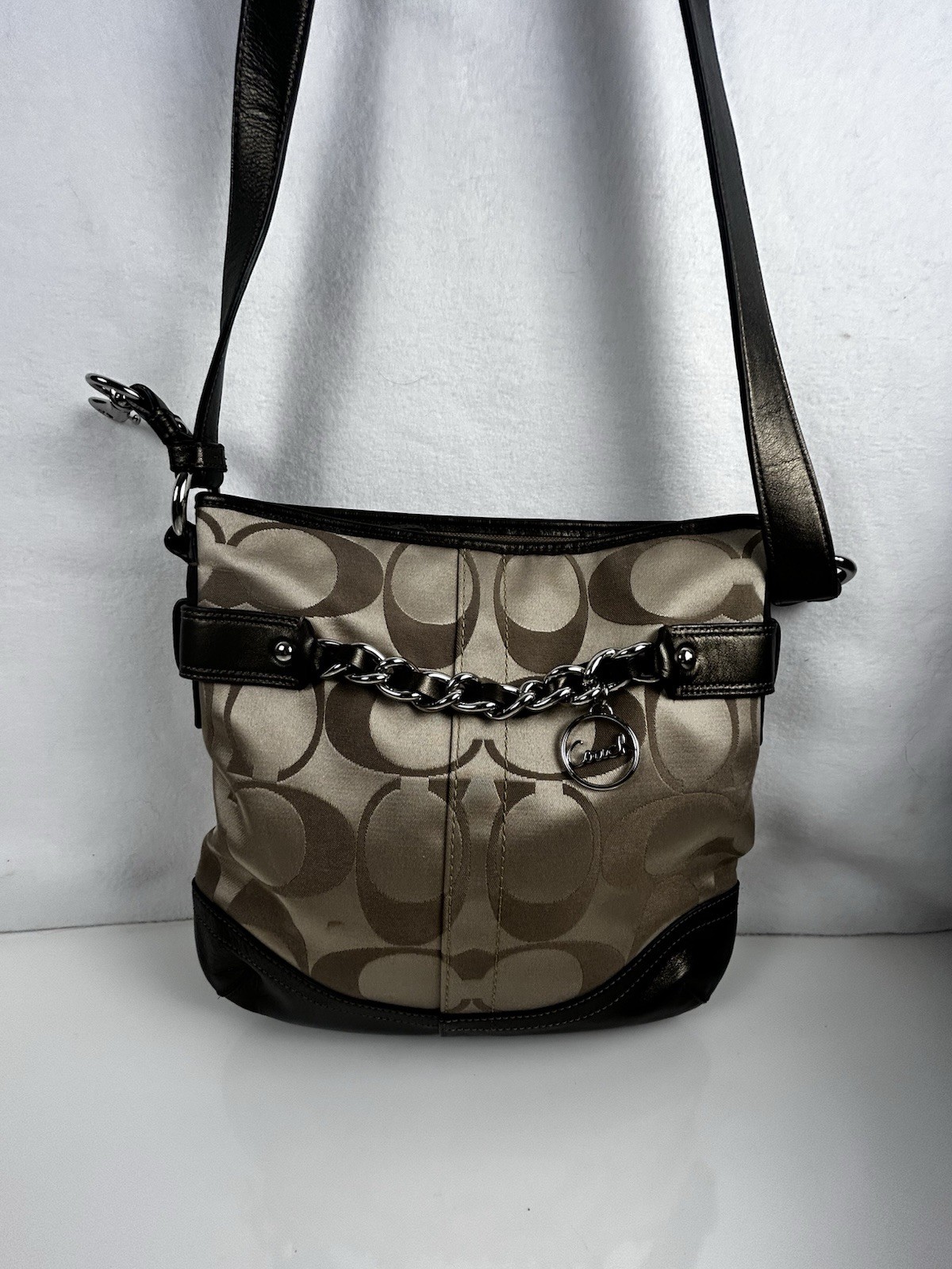 Coach Signature Jacquard Crossbody Shoulder Bag Brown Leather Chain Accent