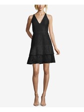 XSCAPE Womens Black Ruffled Lace Sleeveless V Neck Party Dress 6