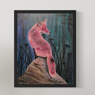 Original Painting of Fox Sitting on Rock Near Forest  11x14  Acrylic on Canvas
