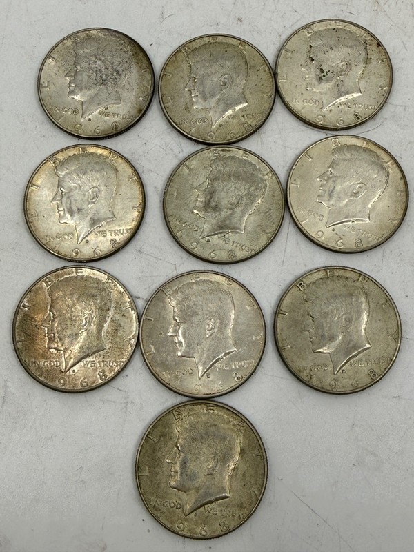 LOT OF 10 1968 KENNEDY HALF 1/2  DOLLAR $ US COIN  .50c