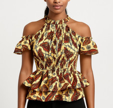 HANDMADE Size Small Anakara African Print Cold Shoulder Smocked Peplum Blouse