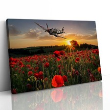Poppy Field Spitfire Remembrance Canvas Framed Print Picture Wall Art