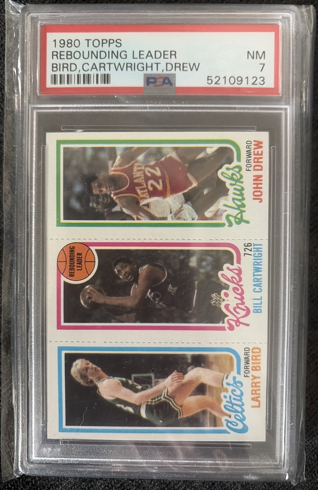 1980 Topps Rebounding Leader Bird Cartwright Drew PSA 7 NM