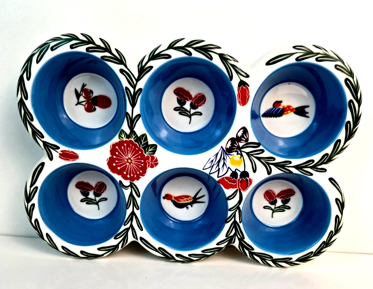 VTG Potter's Studio Ceramic Painted Floral Bird Design 6 Cupcake/Muffin Pan