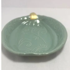 Transpac Decorative Dish Green Embossed with Gold Accent – 8" Pumpkin Fall