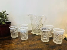 Antique Vintage Jefferson Glass Tokyo Green Opalescent Pitcher and Tumblers Cups