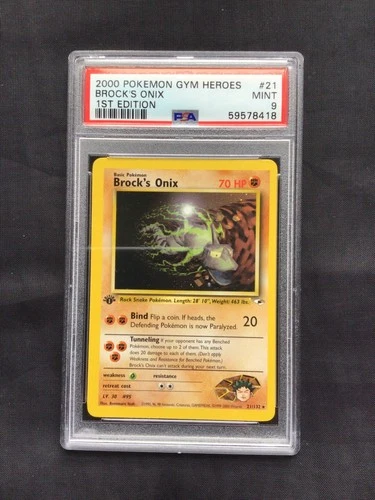 Pokemon Cards: Gym Heroes 1st Edition Rare: Brock's Onix 21/132 PSA 9