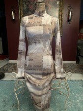 FOREVER 21 Beige Newspaper Print Mesh Long Sleeve Bodycon Dress Mock Neck S