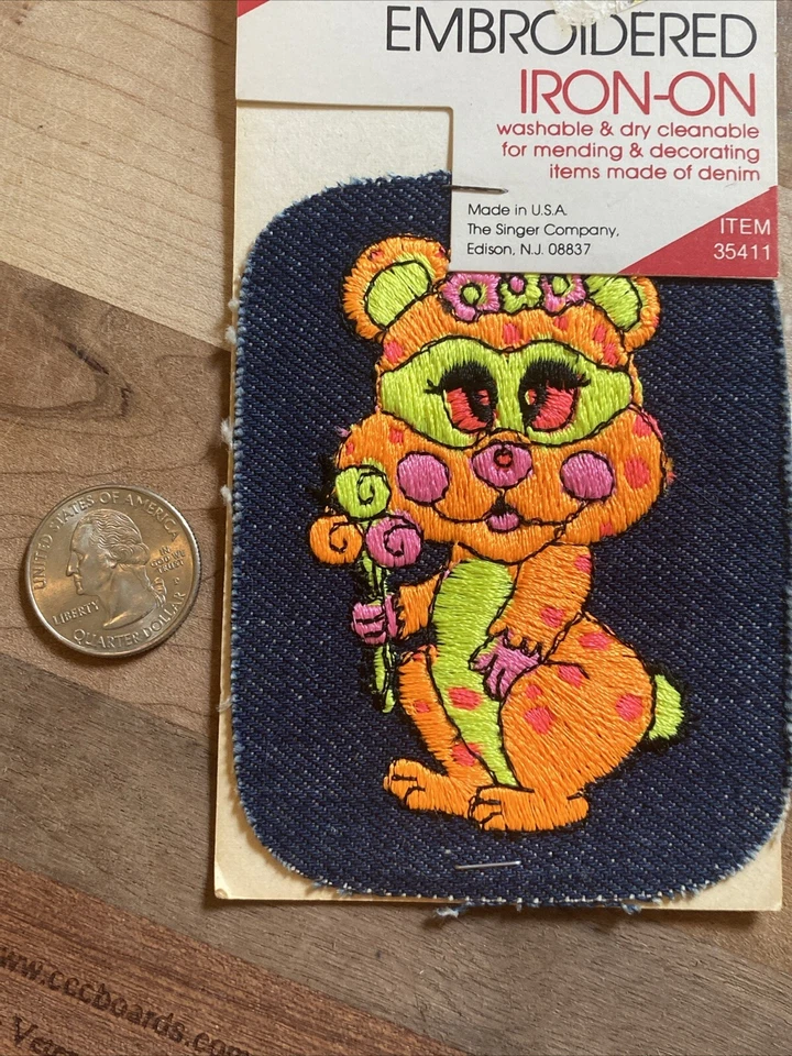 Vintage Singer Designer Embroidered Iron-On Denim Patch Neon Bear - Image 3 of 4