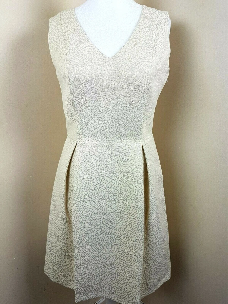 Naf Naf Jacquard Dress Cream Gold Skater Sleeveless Open Back UK 12 EUR 40