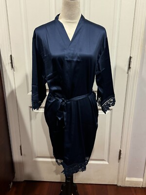 Wmn Bride Bridesmaids Robe Satin Kimono Robe Navy Sz M to XL (34''Lx23''W)