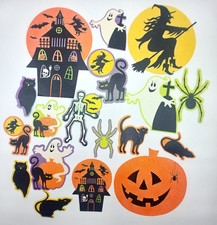 Halloween Die Cut Decor Lot of 19 Glitter Witch Cat Pumpkin Ghost Skeleton