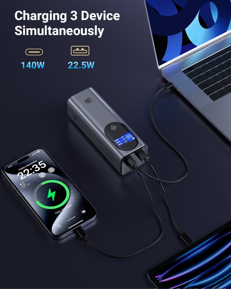VAFOTON Power Bank 27000mAh – 140W PD, 3 Ports, Digitales Display, Für Laptop, Smartphone, Pad, Mit Trageband