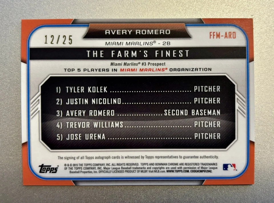 Avery Romero 2015 Bowman Chrome Prospects Mini Orange Refractor /25 - Image 2 of 3