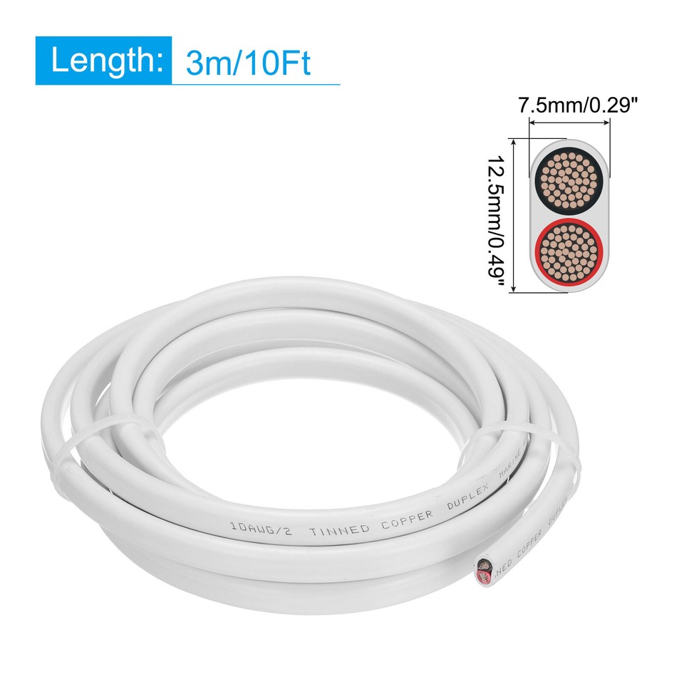 2 Core 10AWG Duplex Marine Wire 10 Ft Tinned Copper Insulated Boat