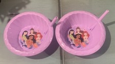Disney Princess Kids Cereal Bowl Plastic Built-in Straw Ariel Belle Set Of Two