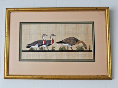 EGYPTIAN HAND PAINTED PHARAOH PAPYRUS of Geese  In Gold Wooden Frame