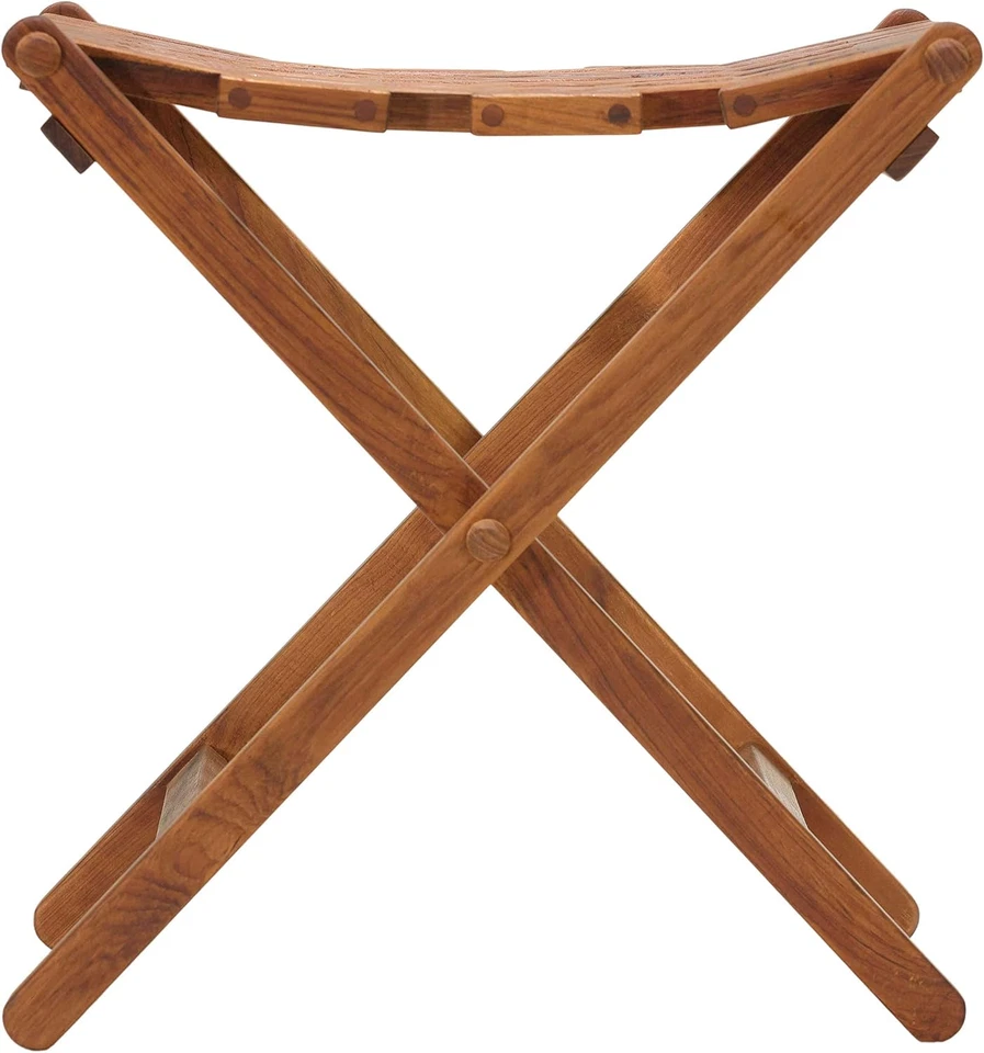 Mosaic Folding Stool in Solid Teak Wood, Brown - Image 3 of 4