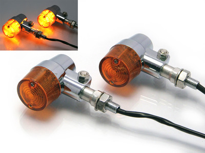 Paar Retro LED Motorrad Blinker in Custom Chrom Aluminium Bernstein Gläser