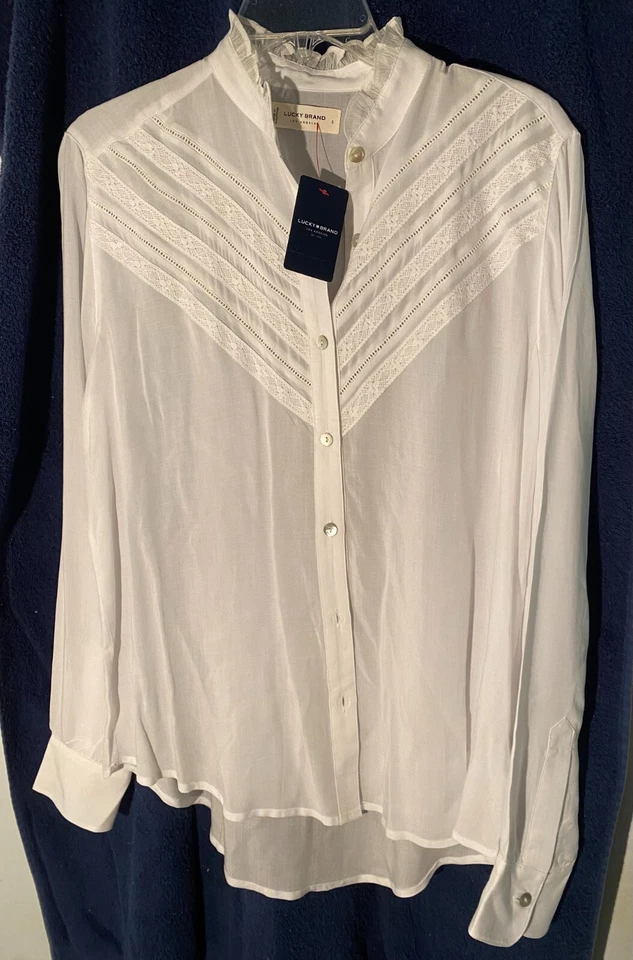 NWT Lucky Brand Blouse - Classic White Viscose ruffle collar/lace detail- Size S