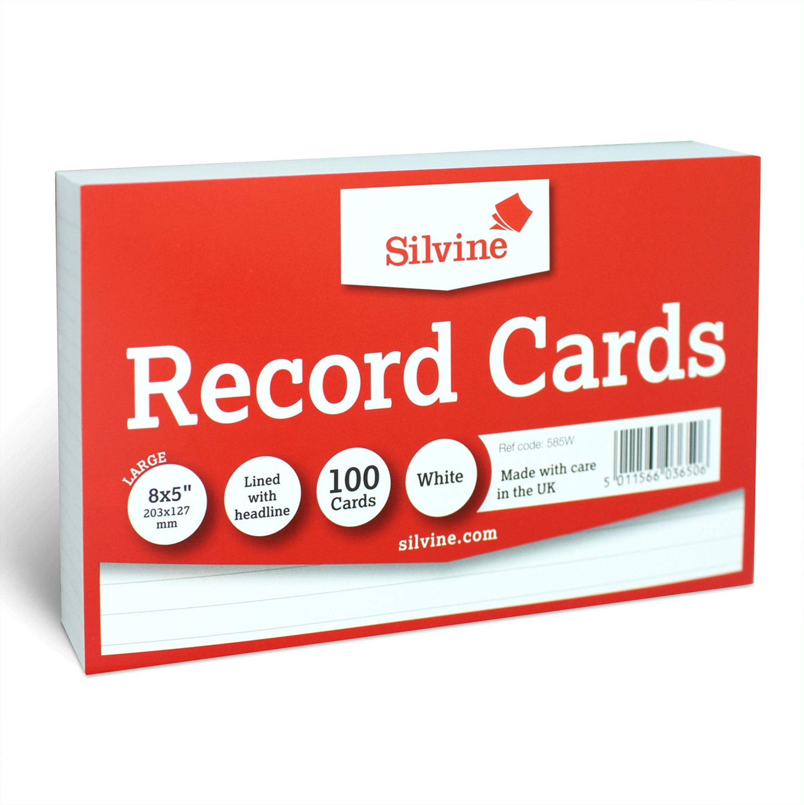 Silvine 8x5" White Record Cards - Lined with Headline, 100 Cards per Pack. Ref 5
