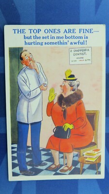 Freche Comic Postkarte 50er Jahre Zahnarzt Kieferorthopäde falsche Zähne DAS SET IN MEINEM HINTERN