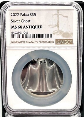 2022 Palau $5 Ghost Shaped 1 oz Silver Coin - NGC MS 68 Antiqued