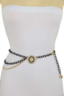 #ad Women Black Color Metal Chain Links Fashion Hot Belt Wave Gold Lion Charm XS S M $25.99