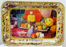 Vintage Serving Tin Tray Lithograph Print Fruits Basket Plates Ball Collectibl