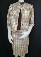 Vtg Skirt Suit with Sweater Womens S Brown Check Mod Polyester Rockabilly 60s 70